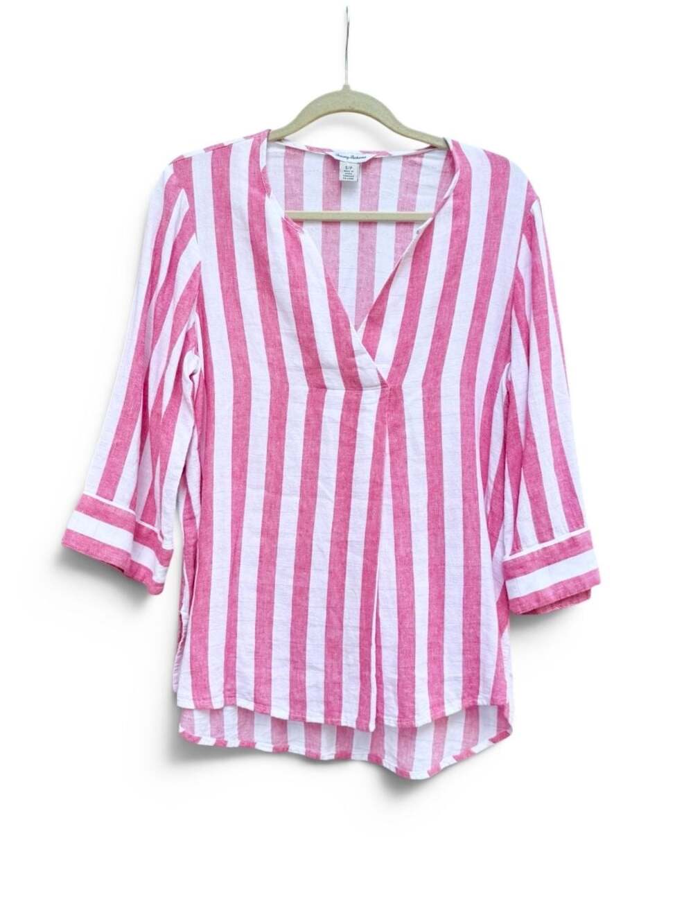 Tommy Bahama Pink and White Striped Linen Blend V-Neck Top Size S/P